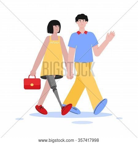 Cartoon Girl With Artificial Leg In Happy Couple - Young Disabled Woman