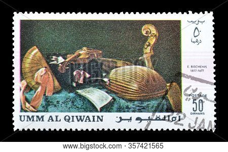 Cancelled Postage Stamp Printed By Umm Al Qiwain, That Shows Painting By Bischenis, Circa 1972.