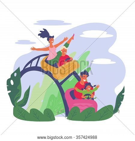 Cheerful Family With Children Riding Roller Coaster Together In Amusement Park.