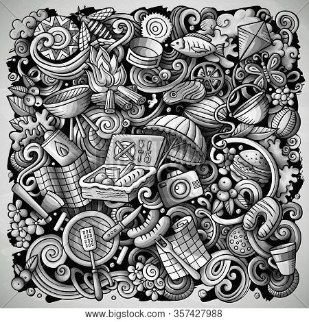 Picnic Hand Drawn Vector Doodles Illustration. Bbq Poster Design.