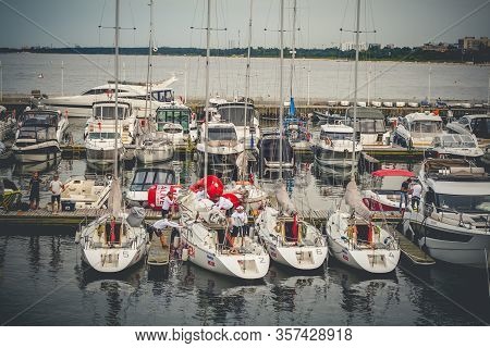 Sopot, Poland - 20 August 2019: Yachts And Motorboats Moored In Yacht Haven Marina Sopot At Sopot Pi