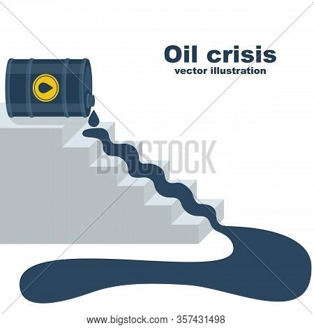 Oil Price Falling. Oil Flowing Down Stairs As Symbol Of Falling Income. World Crisis. Barrel Of Gaso