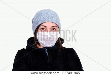 Medical Mask Background White Middle Age 50 Plus Woman Coronavirus Covid 19 Jacket Hat