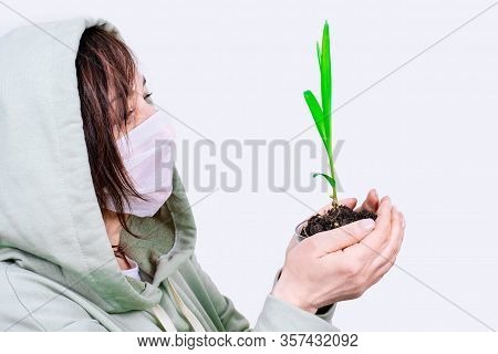 Medical Mask Flower Sprout Seed Background White Middle Age 50 Plus Woman Coronavirus Covid 19 Green