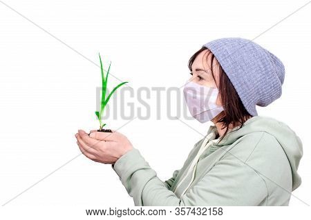 Medical Mask Flower Sprout Seed Background White Middle Age 50 Plus Woman Coronavirus Covid 19 Green