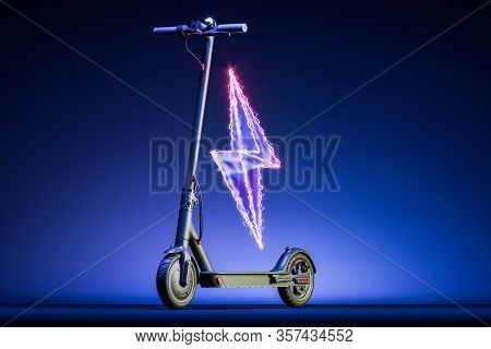 Electric Black Scooter On Blue Background Near Electric Lightning. Eco Alternative Tansport. 3d Rend