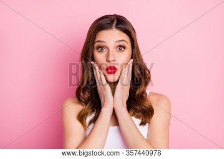 Portrait Of Crazy Astonished Redhead Girl Look Incredible News Touch Her Cheeks Hands Make Lips Pout