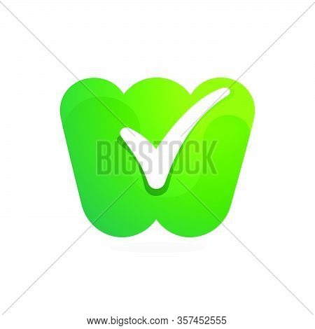 W Letter Green Logo With Check Mark Inside. Perfect For Approve Labels, Quality Print, Verification 