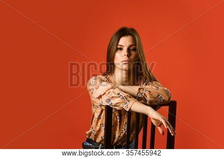 Female Fashion Style. Girl Has Long Hair. Thinking Concept. Lost In Her Thought. Feeling Loneliness.