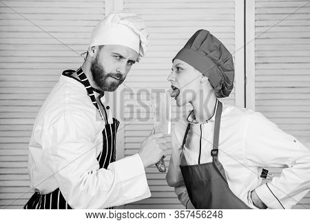 Cooking Is Sexy. Sharp Knife Professional Tool. Man Use Sharp Cleaver Knife. Couple Playful With Dan