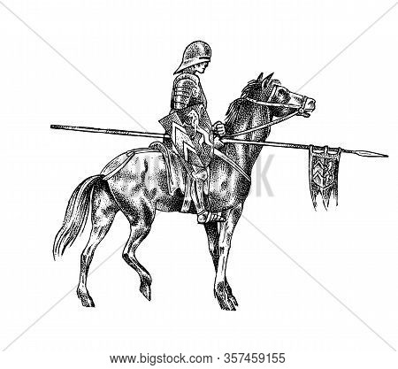 Medieval Armed Knight Riding A Horse. Historical Ancient Military Character. Prince With A Spear And