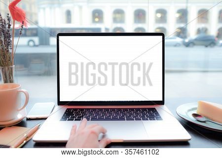 Closely Woman Skilled Copywriter Touching Trackpad Of Modern Laptop Computer With Empty Mock Up Copy