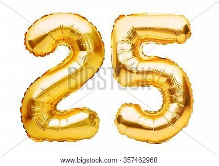 Number 25 Twenty Five Made Of Golden Inflatable Balloons Isolated On White. Helium Balloons, Gold Fo