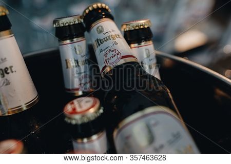 Sochi, Russia - March 18, 2020: Bitburger Beer Bottles In A Bucket With Ice During A Catering Event.