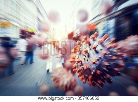 Coronavirus attack people on the city street. Conceptual composition. Virus from Wuhan causing pandemic around the world. 3D render