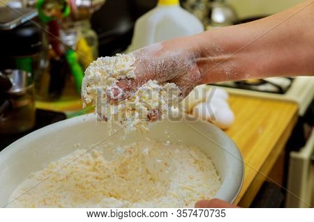 Woman Making Dough For Baking Cheese Bread Called Chipa. Cuisine Of Paraguay.