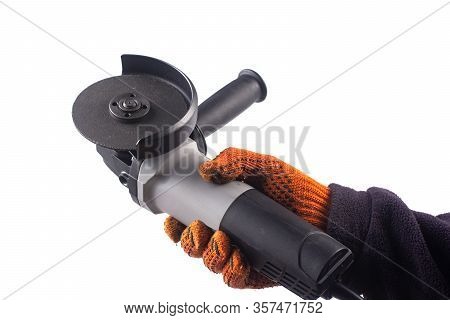 Workers Hand Holds Grinder On White Background.