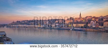 Belgrade Danube River Boats And Cityscape Panoramic View, Capital Of Serbia
