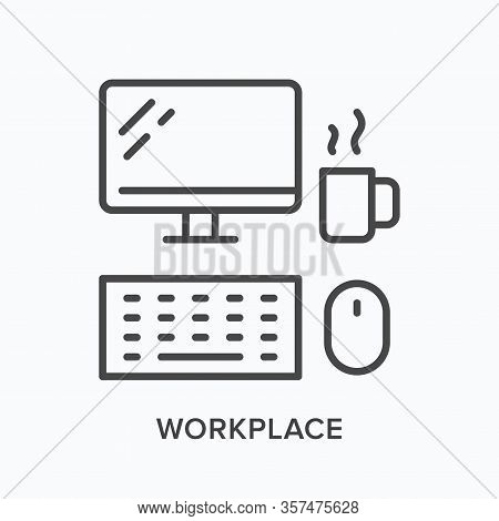 Workplace Line Icon. Computer Monitor, Keyboard, Mouse And Coffee Mug Vector Illustration. Online Wo
