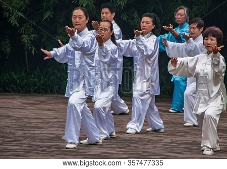 Chongqing, China - May 9, 2010: Inside Zoo Or Animal Park. Group Of People Perform Together Tai Chi 