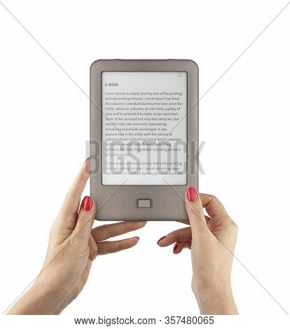 Holding E-book Reader In Hands. Include Clipping Path For Screen And Book With Hands. Lorem Ipsum Te