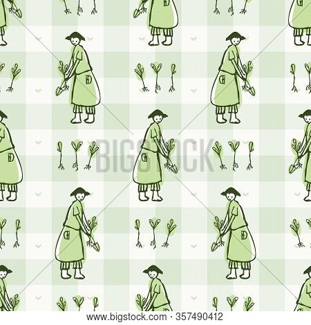 Hand Drawn Whimsical Woman Gardner With Hat Sowing Seed. Gingham Seamless Pattern. Vector Vintage Ch