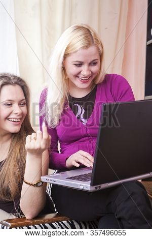 Lifestyle Concepts And Ideas. Two Happy Positive And Laughing Caucaisan Girlfriends Having Fun. Work