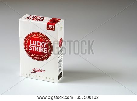 MOSCOW, RUSSIA - MARCH 20, 2020: Lucky strike cigarette box on a light background. Editorial illustrative image