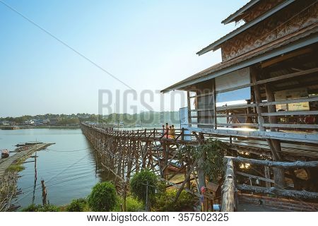 Kanchanaburi, Thailand - January 16, 2020 : Mon Bridge Or Uttamanusorn Bridge In Sangkhla Buri, Kanc