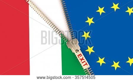 flags of Italy and Europe separate by opening a zip that holds them together. concept of separation and crisis of the eurozone and europe. italexit. 3d render