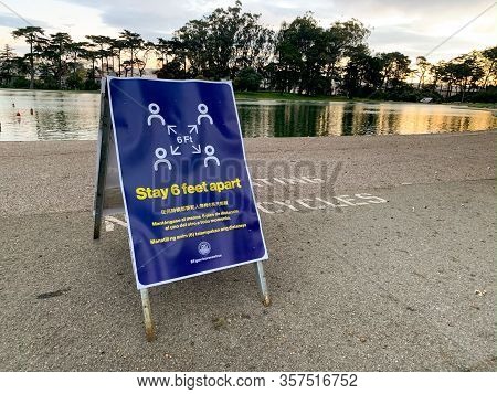 San Francisco, California March 23, 2020: Stay 6 Feet Apart Social Distancing Guidelines For Coronav