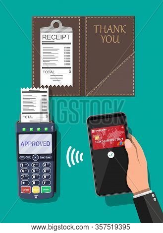 Pos Terminal And Mobile Smartphone Payment Transaction. Leather Folder For Cash, Cashier Check. Wire