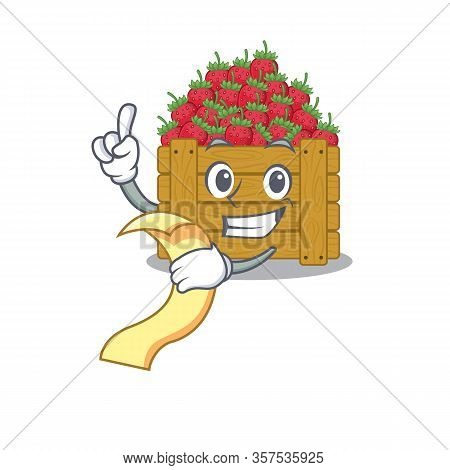 Cartoon Character Of Strawberry Fruit Box Holding Menu Ready To Serve