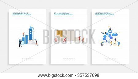 Set Of Business Teams Constructing Mechanisms. Flat Vector Illustrations Of People Launching Rocket,