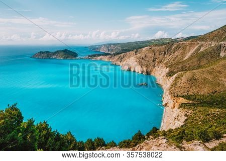 Kefalonia West Coastline. Assos Village Town And Frourio Peninsular. Beautiful Blue Bay With Brown L