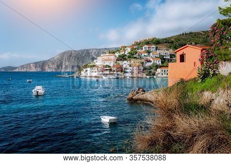 Mediterranean Sea Bay In Colorful Assos Village. Kefalonia Greece