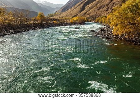 Kokemeren River, Mountain River In The Naryn Region Of Kyrgyzstan