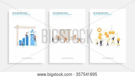 Set Of Business Teams Constructing Mechanisms. Flat Vector Illustrations Of People Launching Rocket,
