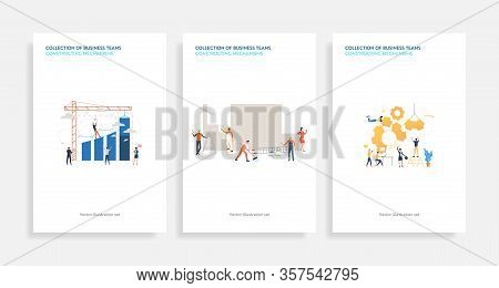 Collection Of Business Teams Constructing Mechanisms. Flat Vector Illustrations Of People Launching 