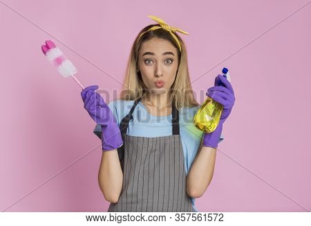 Protecting Homes From Dirt And Infection. Housewife Blowing Lips, Free Space