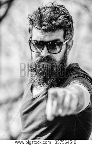 Uv Filter. Bearded Hipster Brutal Man Wear Protective Sunglasses. Man Bearded With Sunglasses Nature