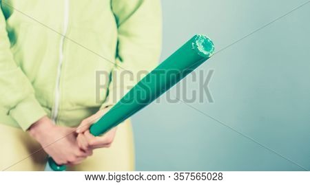 Fighting With Aggression. Woman Hold Baseball Bat As Dick. Aggressive Woman With Bat. Sport Equipmen
