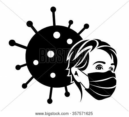 Covid-19 Creative Concept. Coronavirus Symbol Design: Human Face In Medical Mask And Bacteria (micro
