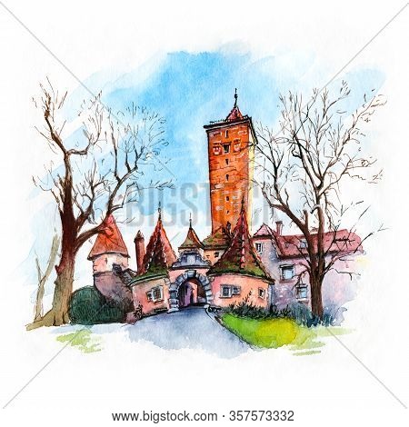 Watercolor Sketch Of Western Town Gate And Tower Burgturm And Stadttor In Medieval Old Town Of Rothe