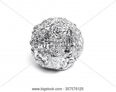 Tinfoil Ball, Isolated On White Background. Isolated Object Of Aluminum Foil Or Silver Paper.