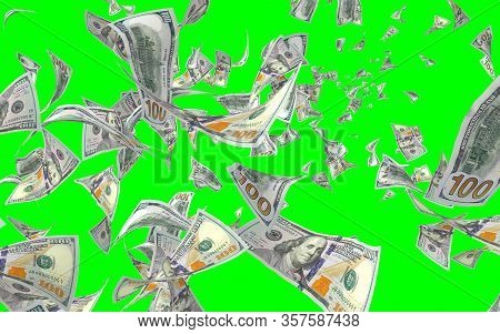 Flying Dollars Banknotes Isolated On Chromakey. Money Is Flying In The Air. 100 Us Banknotes New Sam