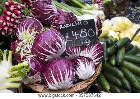 Radicchio Rosso Di Treviso, Commonly Known As Treviso Has Elongated, Variegated Red Leaves That Tast