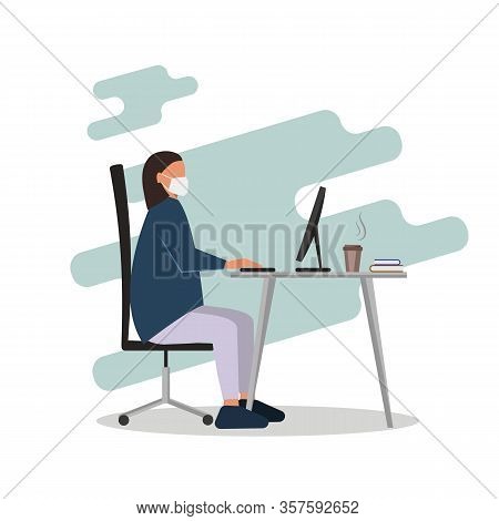 Coronavirus. Quarantine No Infection and Stop Coronavirus Concepts. Woman in medical mask working on his laptop. Office worker works on quarantine at home to avoid disease. Freelancer or remote worker concept. Vector illustration isolated on white backgro