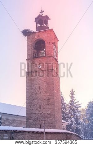 Bell Tower Of Sveta Troitsa Church In Bansko, Bulgaria, Colorful Sunset View