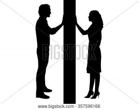 Silhouettes Of Man And Woman Separated By Wall. Illustration Icon Symbol